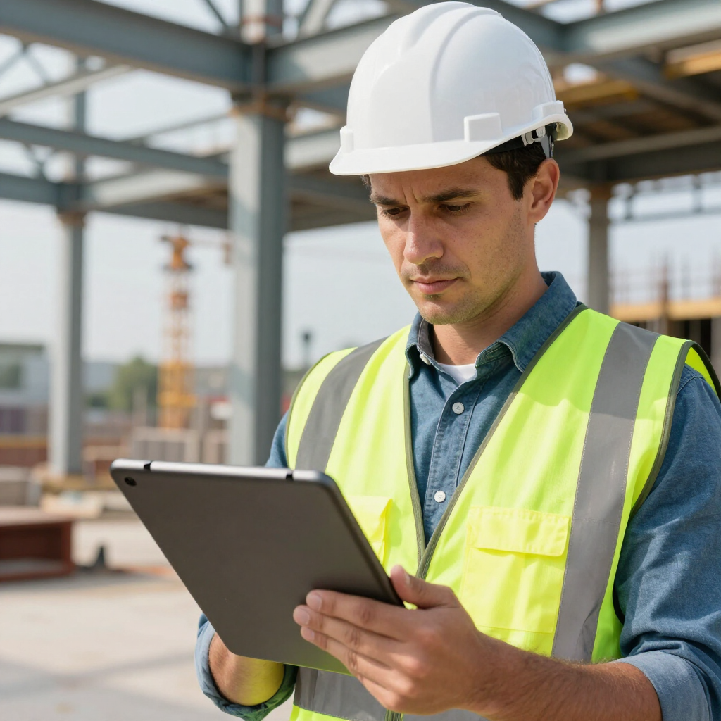 Construction worker in hard hat and safety vest using a tablet at a building site