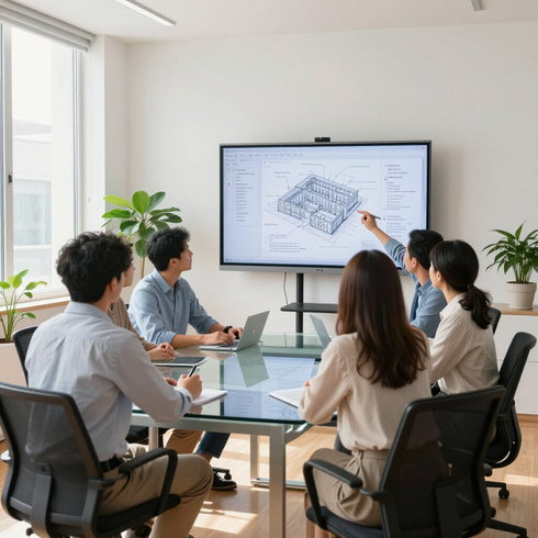 Team meeting in a bright conference room, discussing a 3D building design on a large screen.
