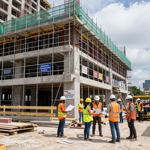 Construction workers in orange vests and hard hats standing at a building site under construction
