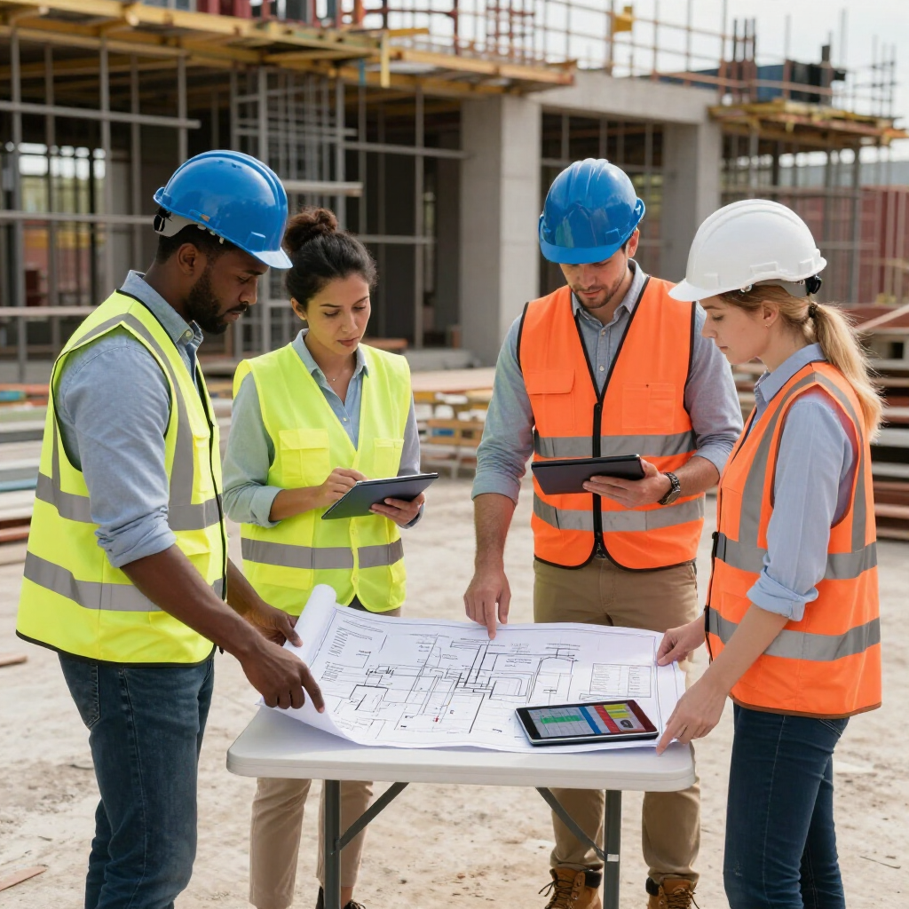 Construction team in hard hats reviewing blueprints at a building site