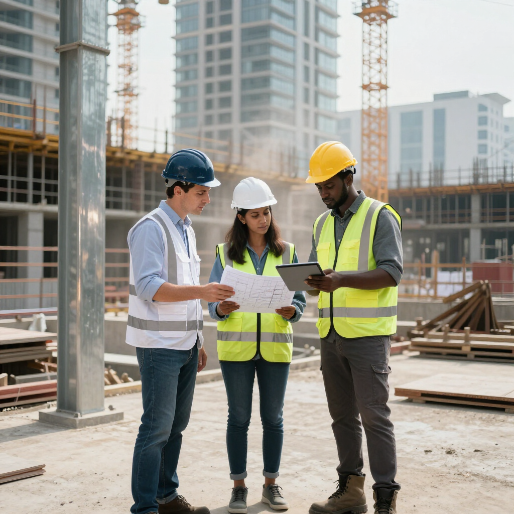 Three construction workers in safety vests and helmets review plans at a building site.