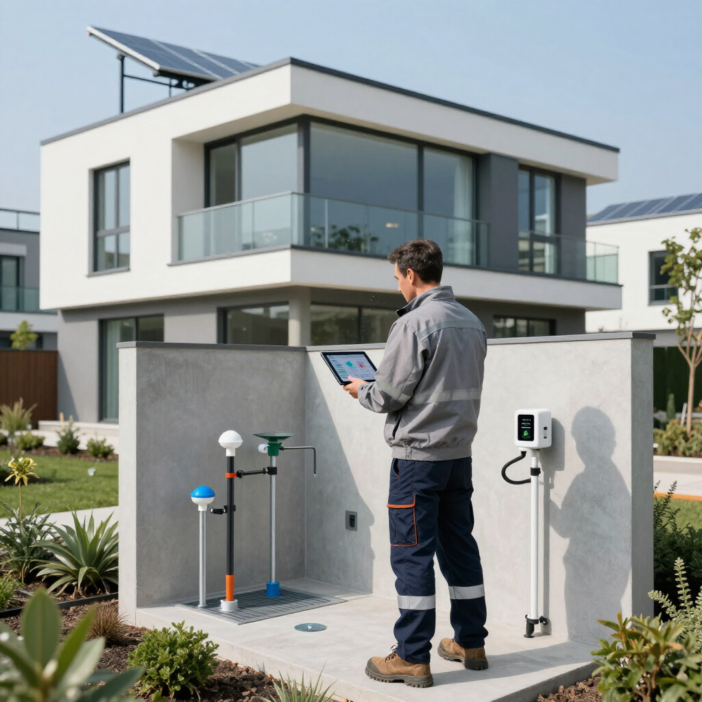 Technician using a tablet beside home utility equipment in front of a modern house with solar panels