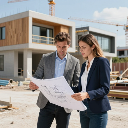 Two people reviewing construction plans at a building site with a house under construction in the background