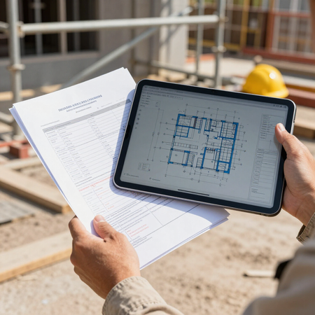 Person holding a blueprint tablet and paper plans at a construction site