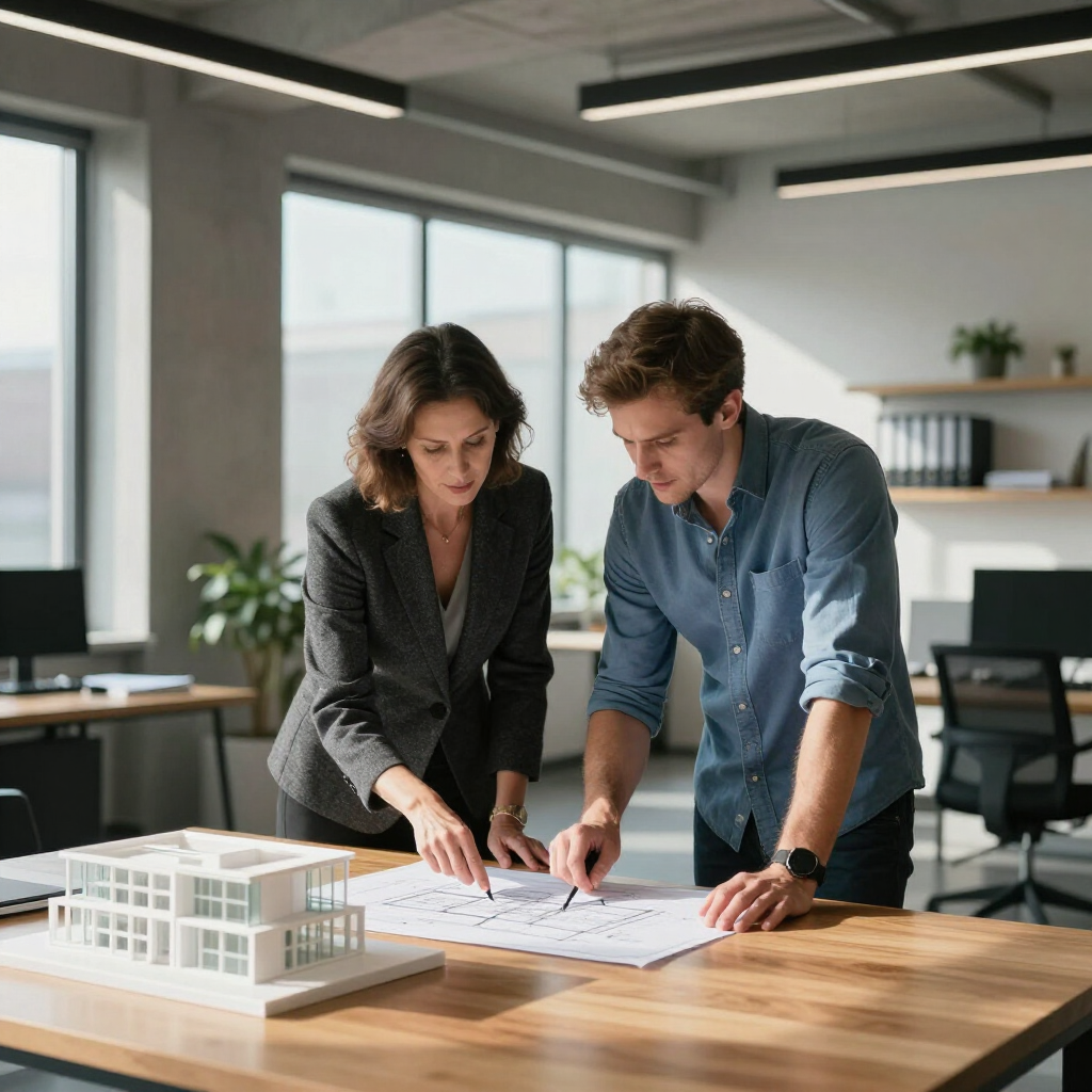 Two coworkers review plans at a wooden table in a bright office with an architectural model nearby