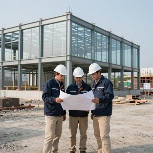 Three construction workers in hard hats review plans outside a steel-frame building.