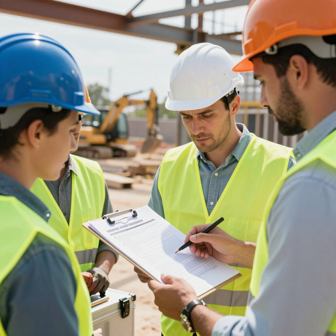 Construction workers in hard hats review a clipboard at an active job site.