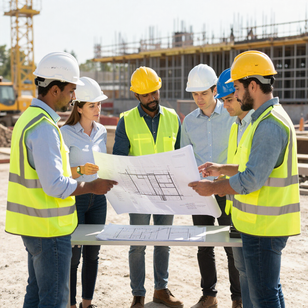 Construction team in hard hats reviewing blueprints at a job site