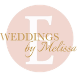 Logo for Weddings by Melissa with gold text on a pale pink circle and a large white āEā