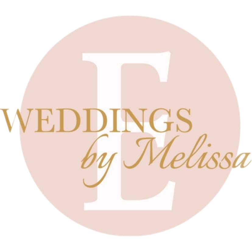 Logo for Weddings by Melissa with gold text on a pale pink circle and a large white “E”