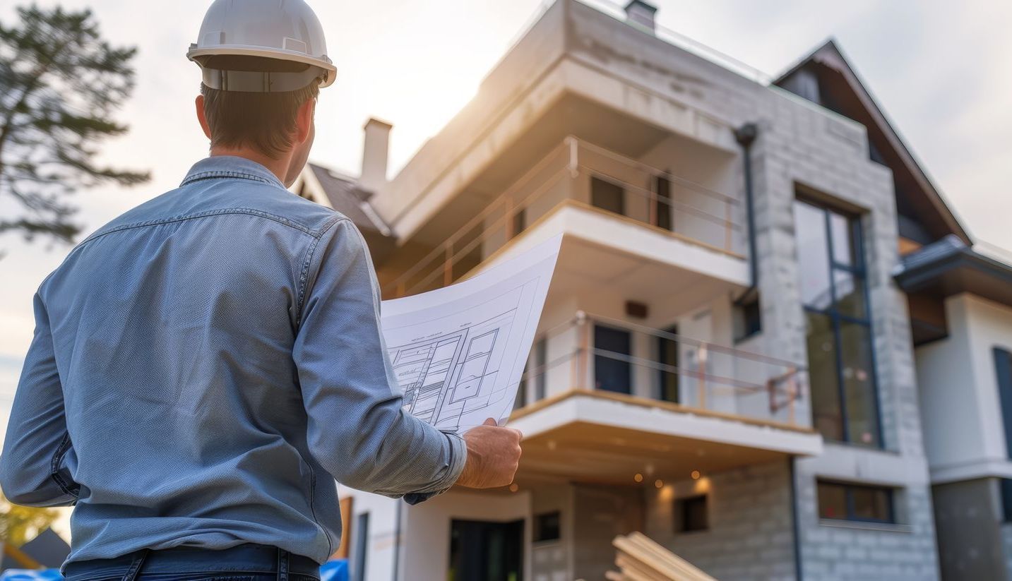 A man is holding a blueprint in front of a house under construction.
