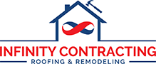 The logo for infinity contracting roofing and remodeling shows a house with an infinity symbol on it.