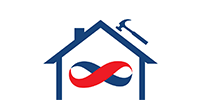 A house with an infinity symbol and a hammer on the roof.
