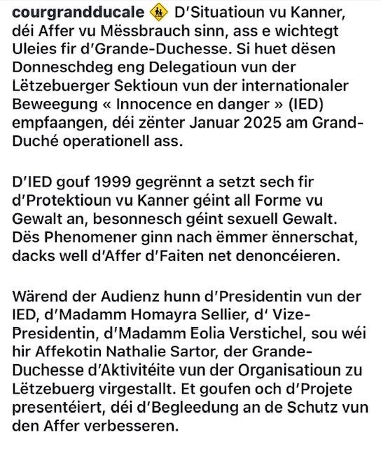 D'Bemierkungen vun der Groussherzogin iwwer 'Innocence in Danger'