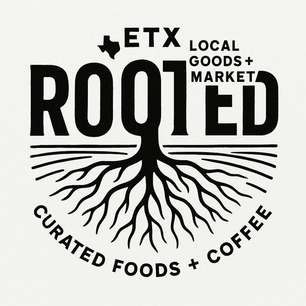 Black and white logo: "ROOTED" with tree root design, "ETX Local Goods + Market," "Curated Foods + Coffee"