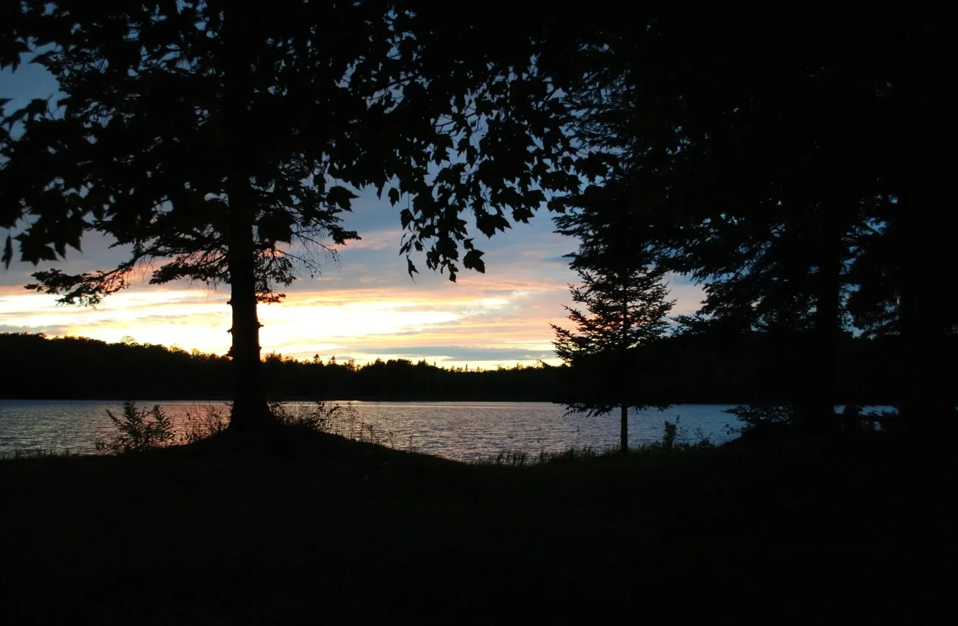 Silhouetted trees frame a lake at dusk; colorful sky reflects on the water.