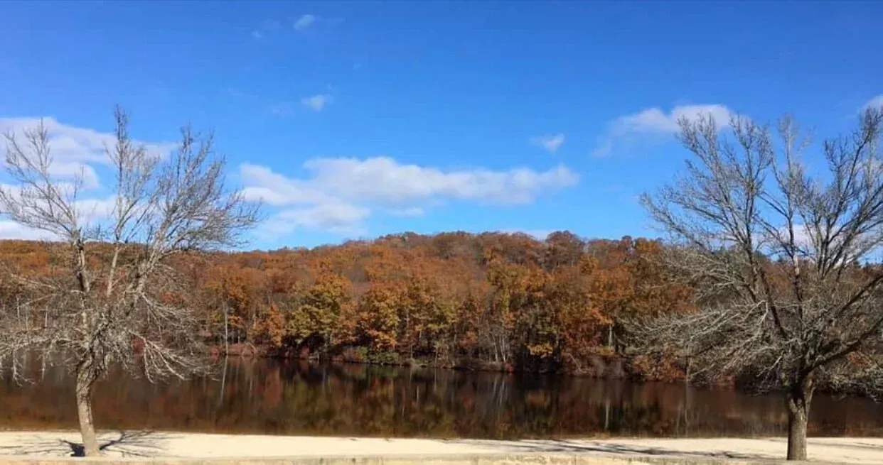 Bare trees frame a still lake reflecting autumn trees under a blue sky.