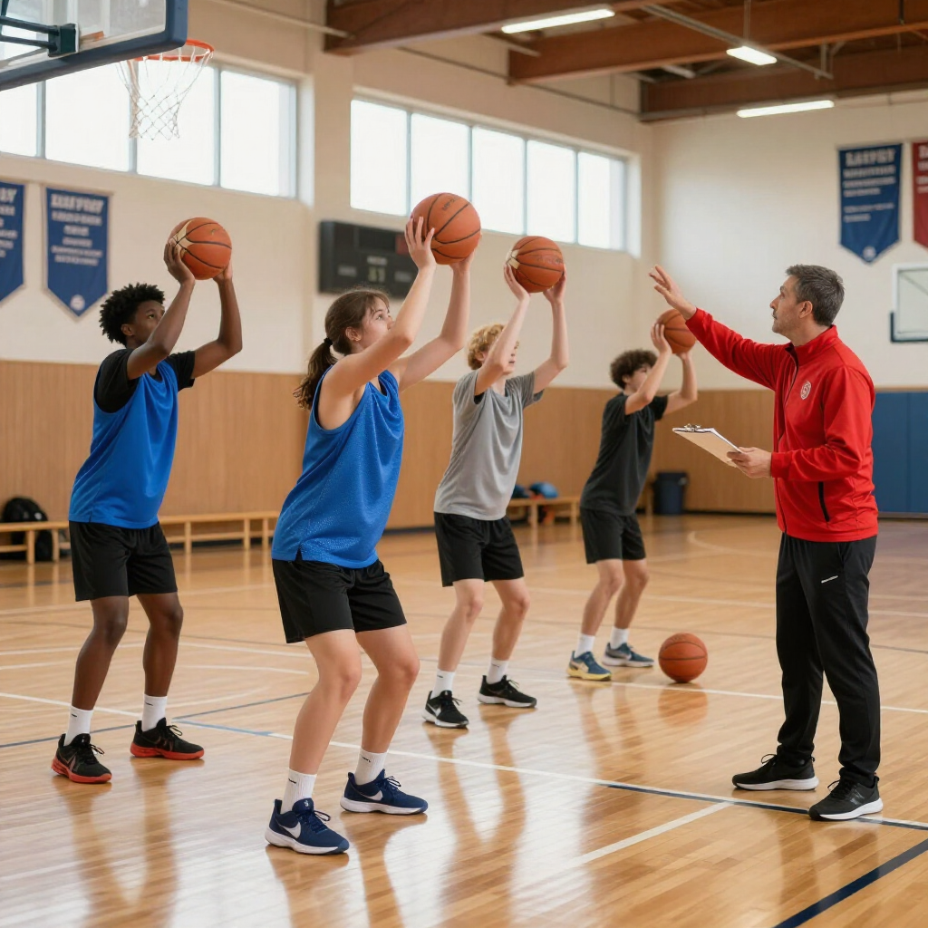 Basketball coach leading four players in a gym, demonstrating a shooting drill with balls raised overhead.