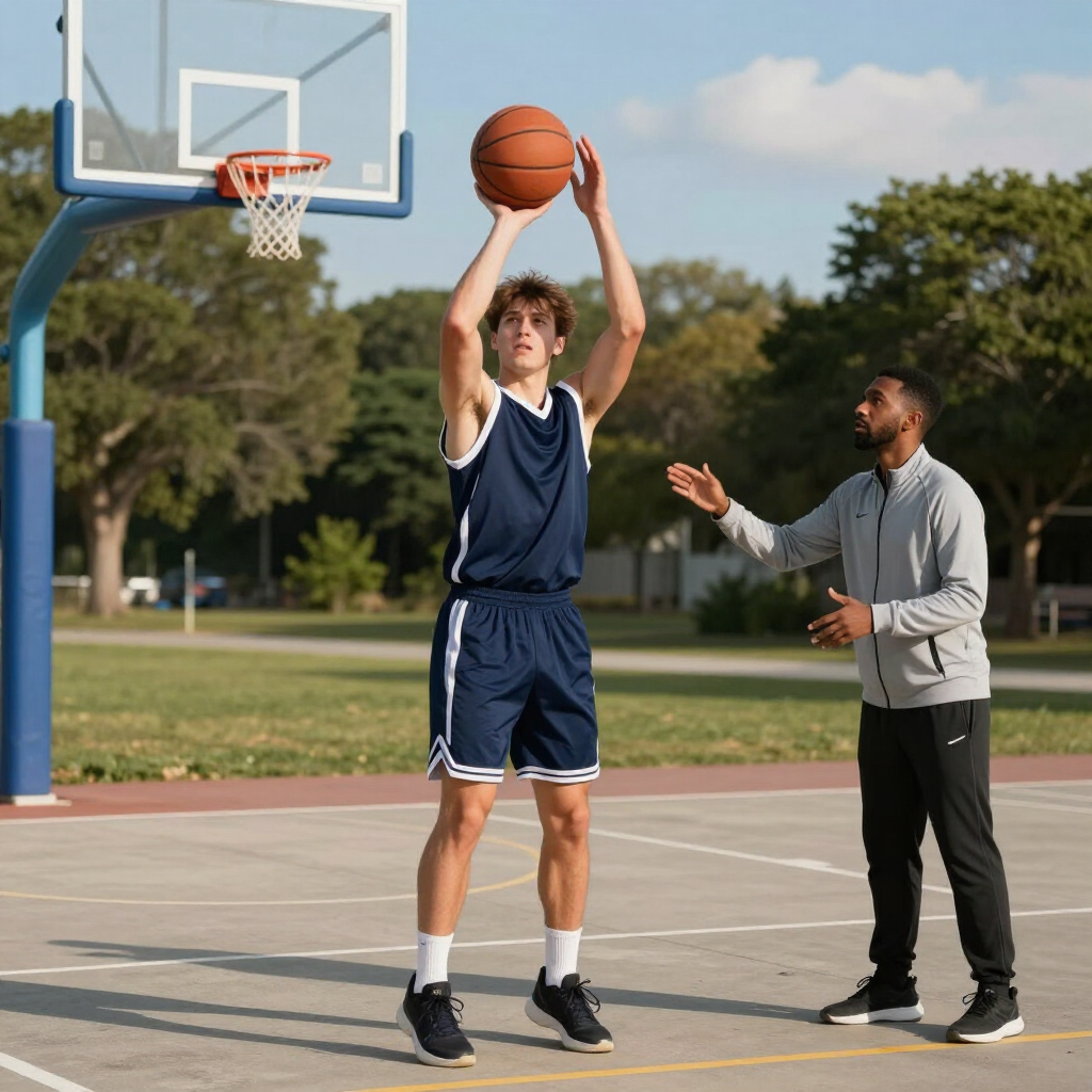 Basketball player taking a shot while a coach watches on an outdoor court
