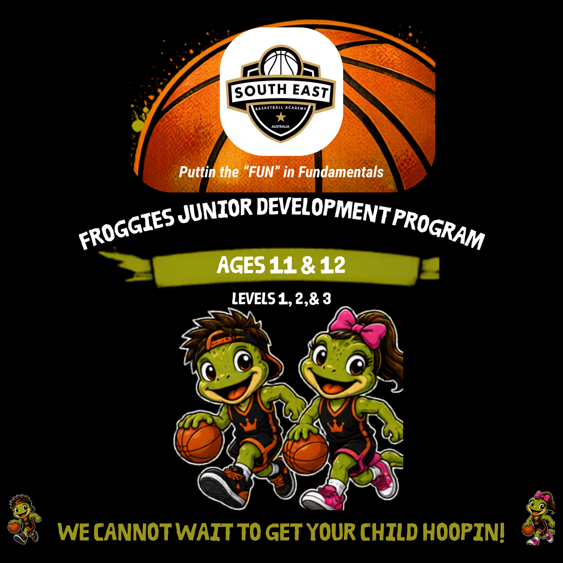 South East Froggies Junior Development Program flyer with two cartoon frogs holding basketballs on a black background