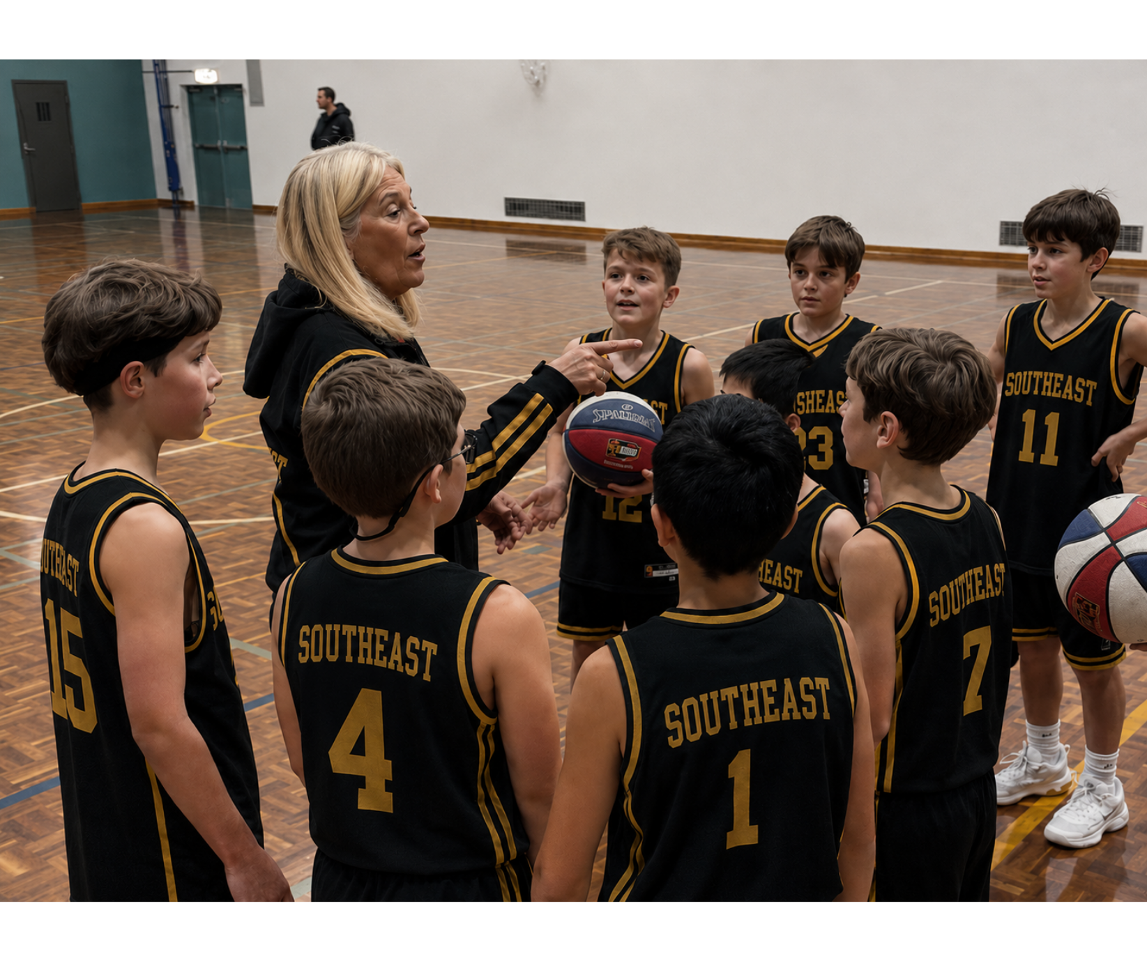 Basketball coach huddles with Southeast players in black uniforms during an indoor timeout