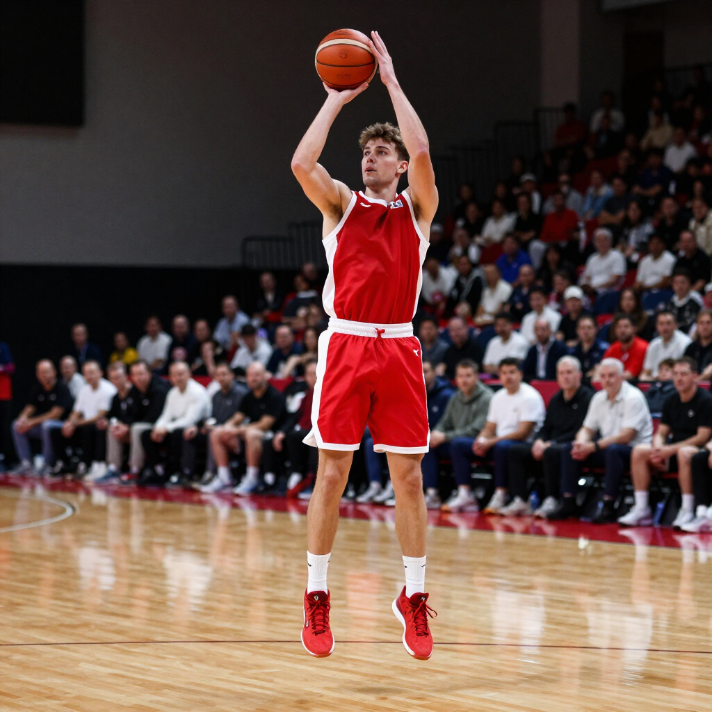 Basketball player in red uniform shooting a free throw on an indoor court