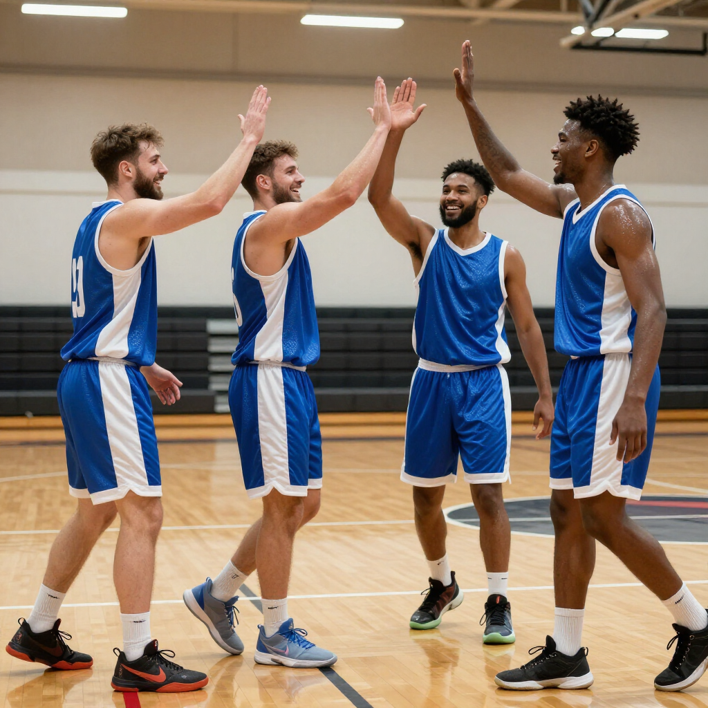 Basketball players in blue uniforms high-five on an indoor court