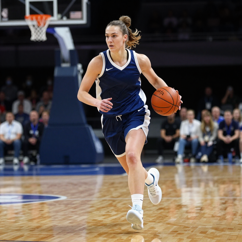 Basketball player in navy uniform dribbling on the court during a game