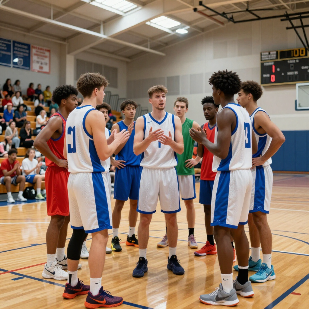 Basketball players huddle on an indoor court during a game, wearing blue, white, and red uniforms.