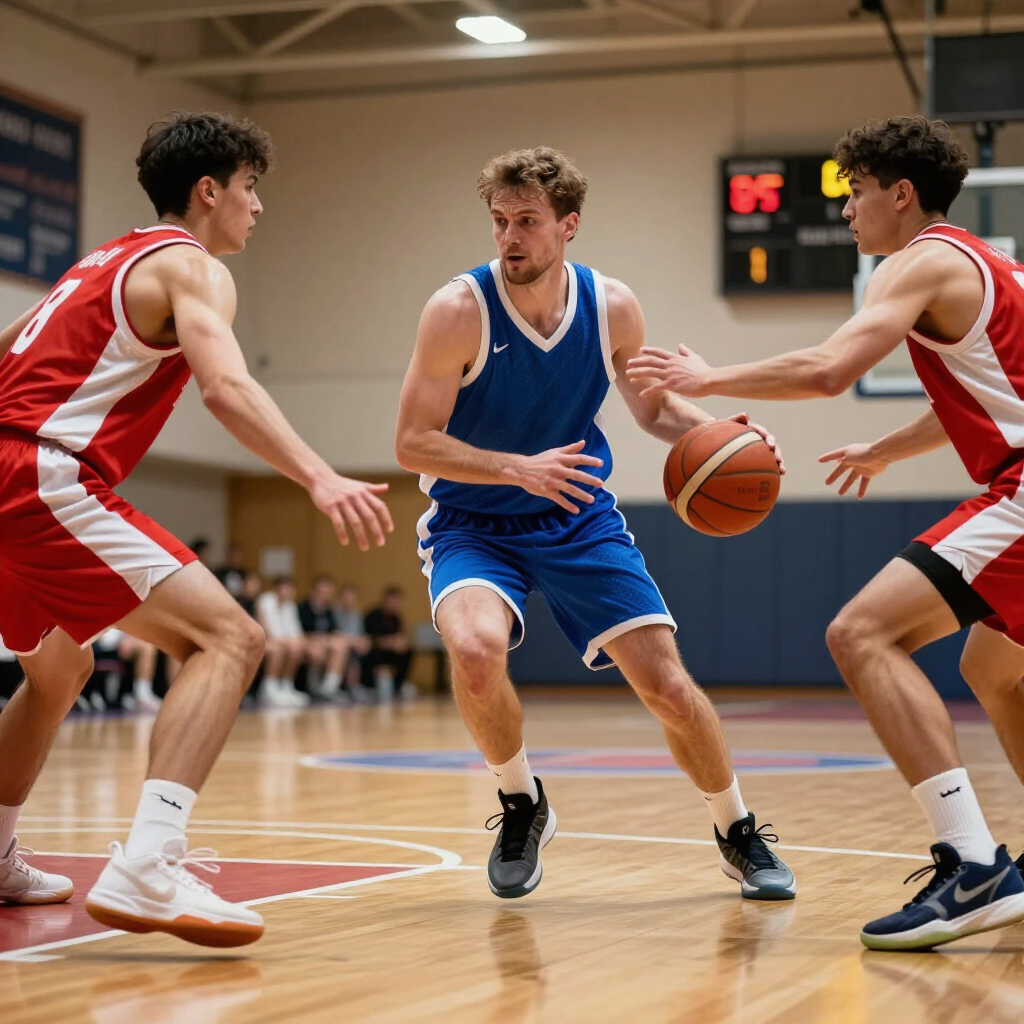 Basketball game with a blue player dribbling between two red defenders on an indoor court