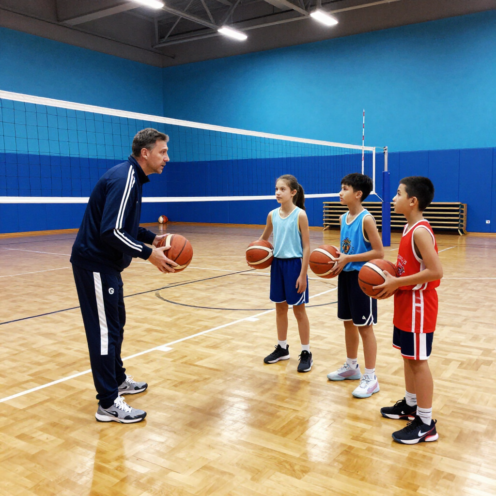 Basketball coach instructs three young players in a gym, each holding a basketball.