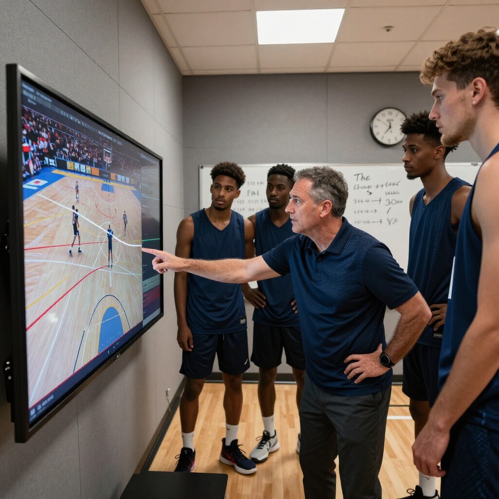 Basketball coach pointing at a game on a wall-mounted screen while players watch in a locker room.