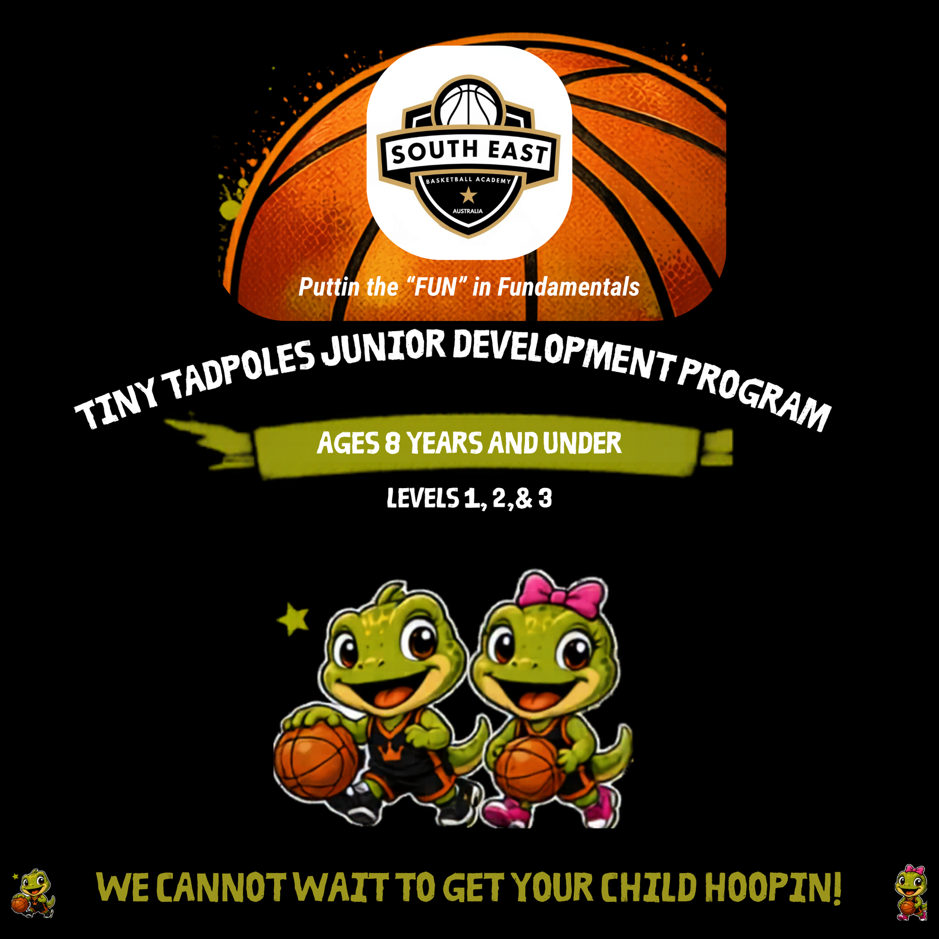 South East Tiny Tadpoles youth basketball program poster with two cartoon frogs holding basketballs.