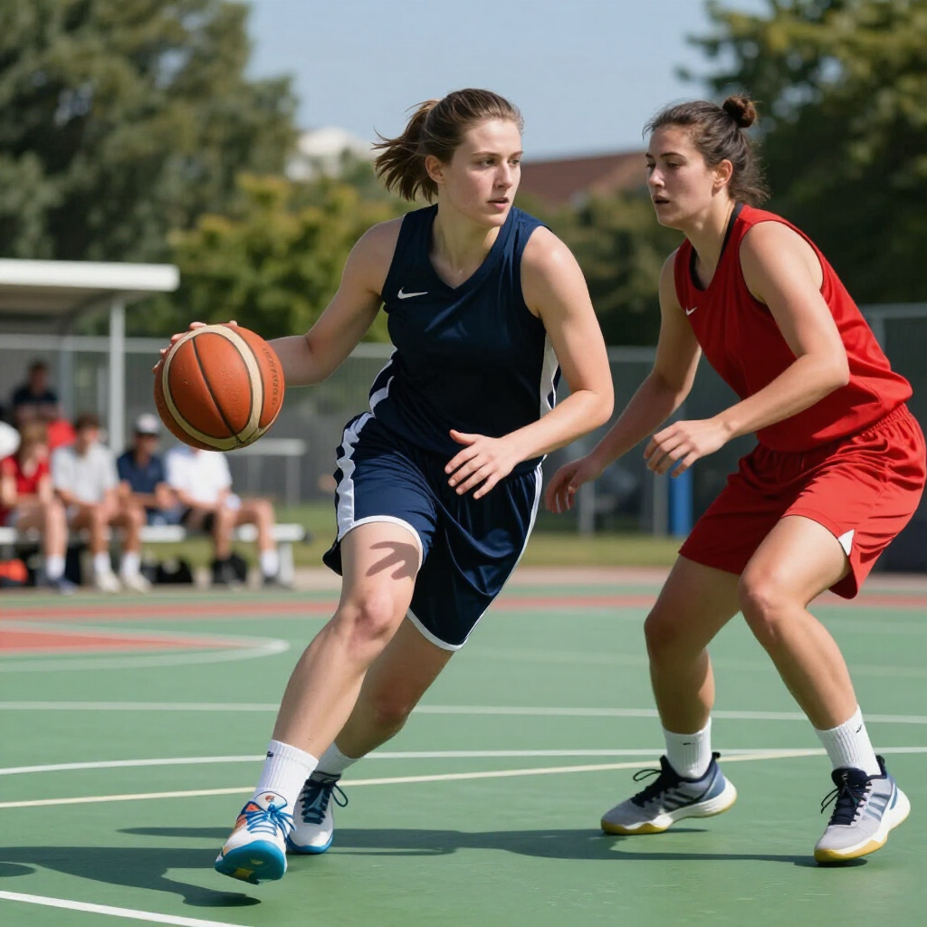 Two basketball players in navy and red compete on an outdoor court.