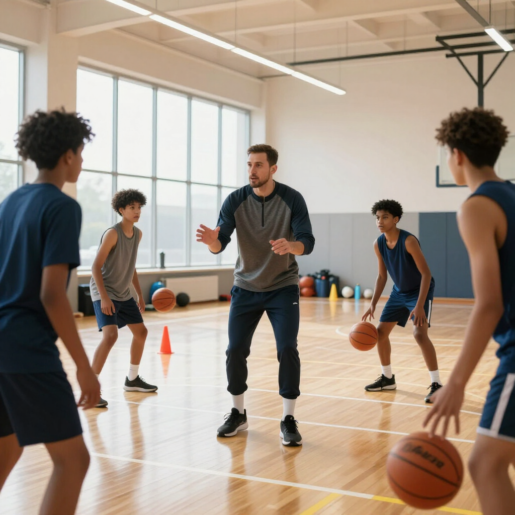 Basketball coach drills players in a bright gym, with several teens dribbling around orange cones.