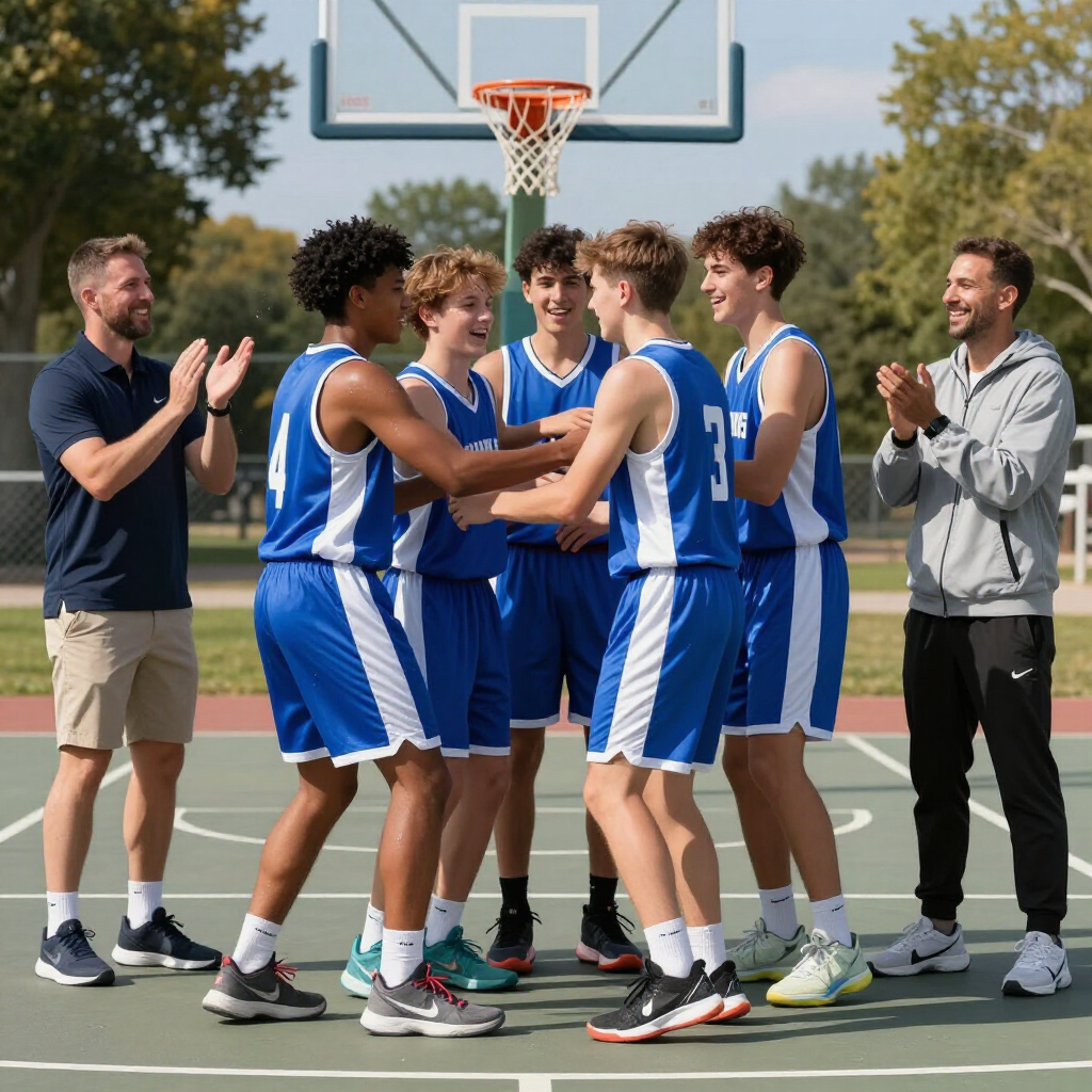 Basketball players in blue uniforms celebrate on an outdoor court, with coaches applauding nearby.