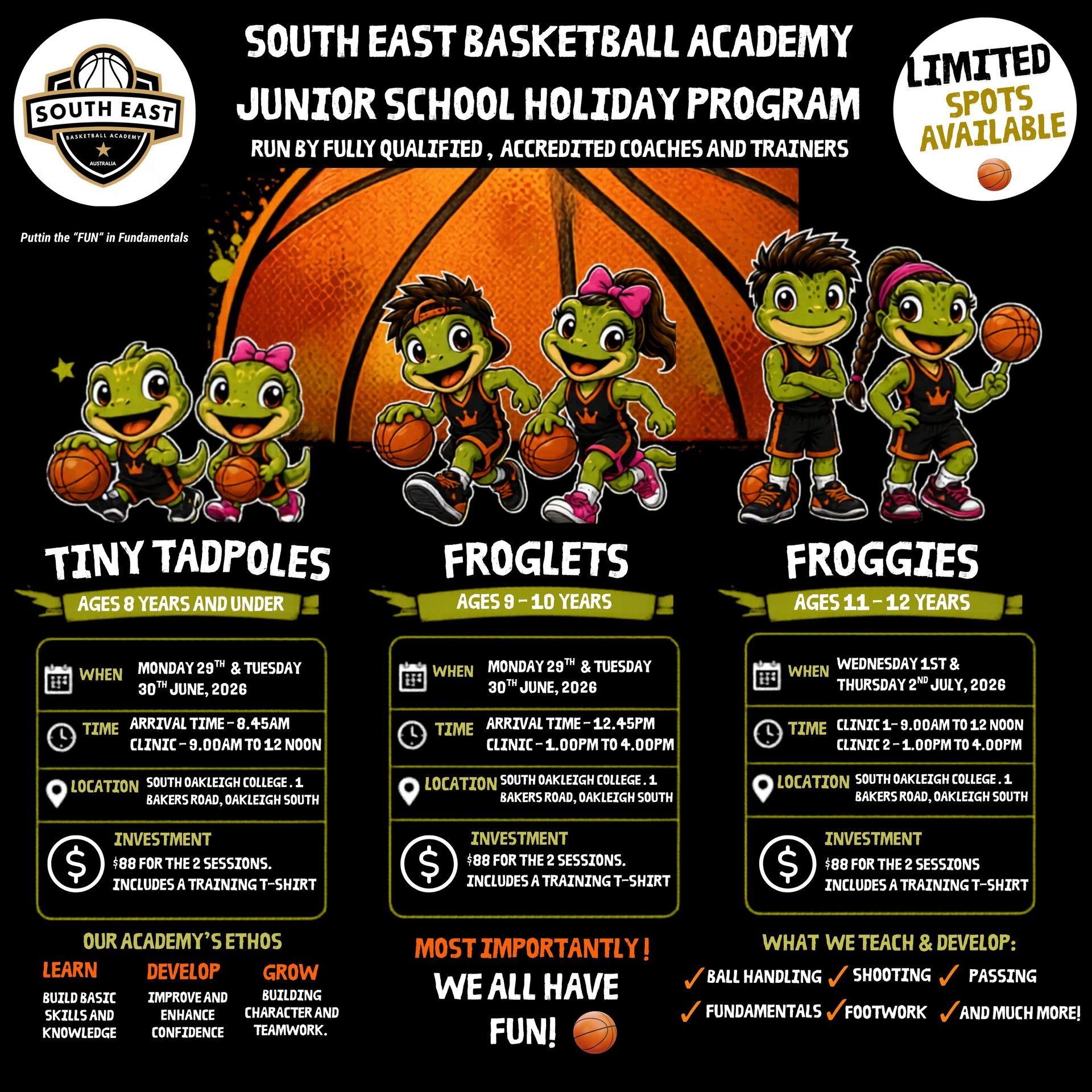South East Basketball Academy holiday program poster with cartoon frogs and orange basketball-themed design