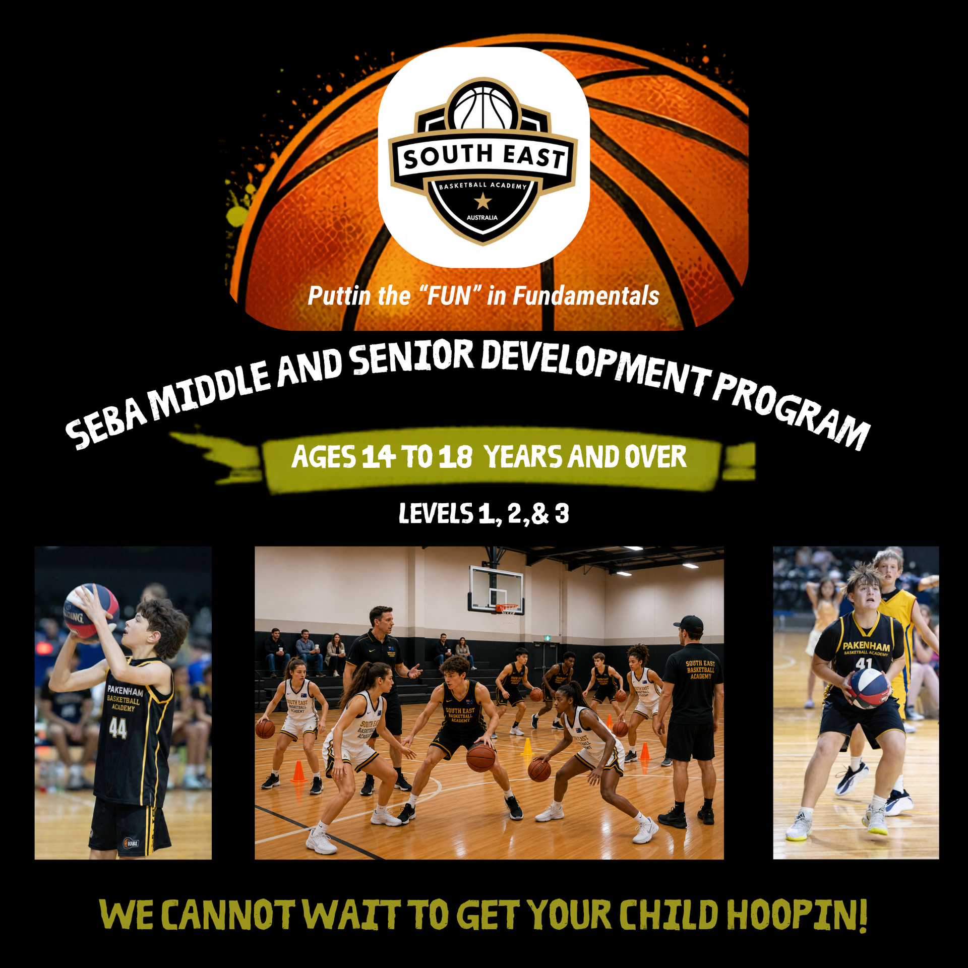 South East basketball camp flyer with players in action, orange-black theme, ages 14-18, levels 1-3, and hooping callout