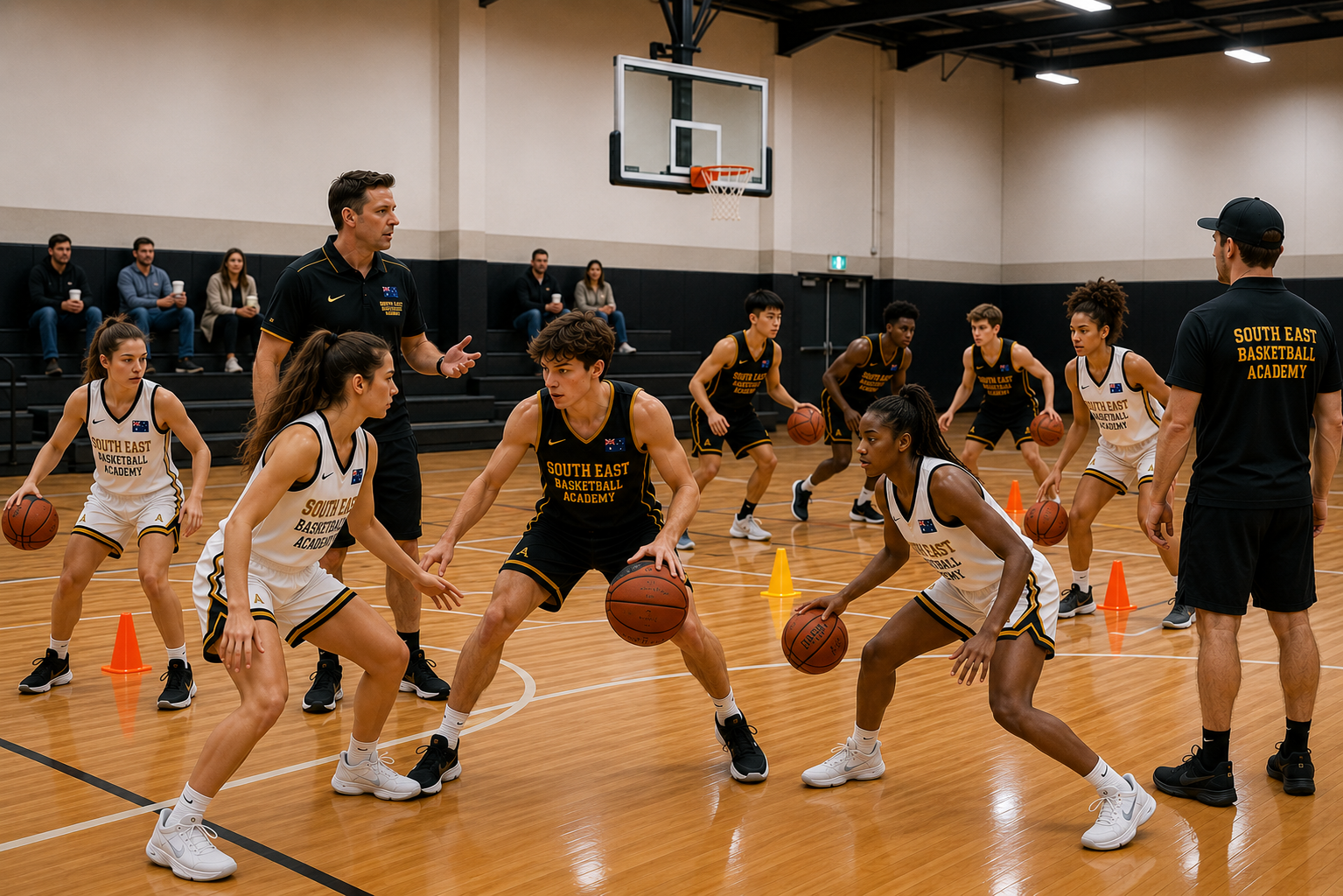 Basketball practice in a gym, with players dribbling around orange cones on a polished court.