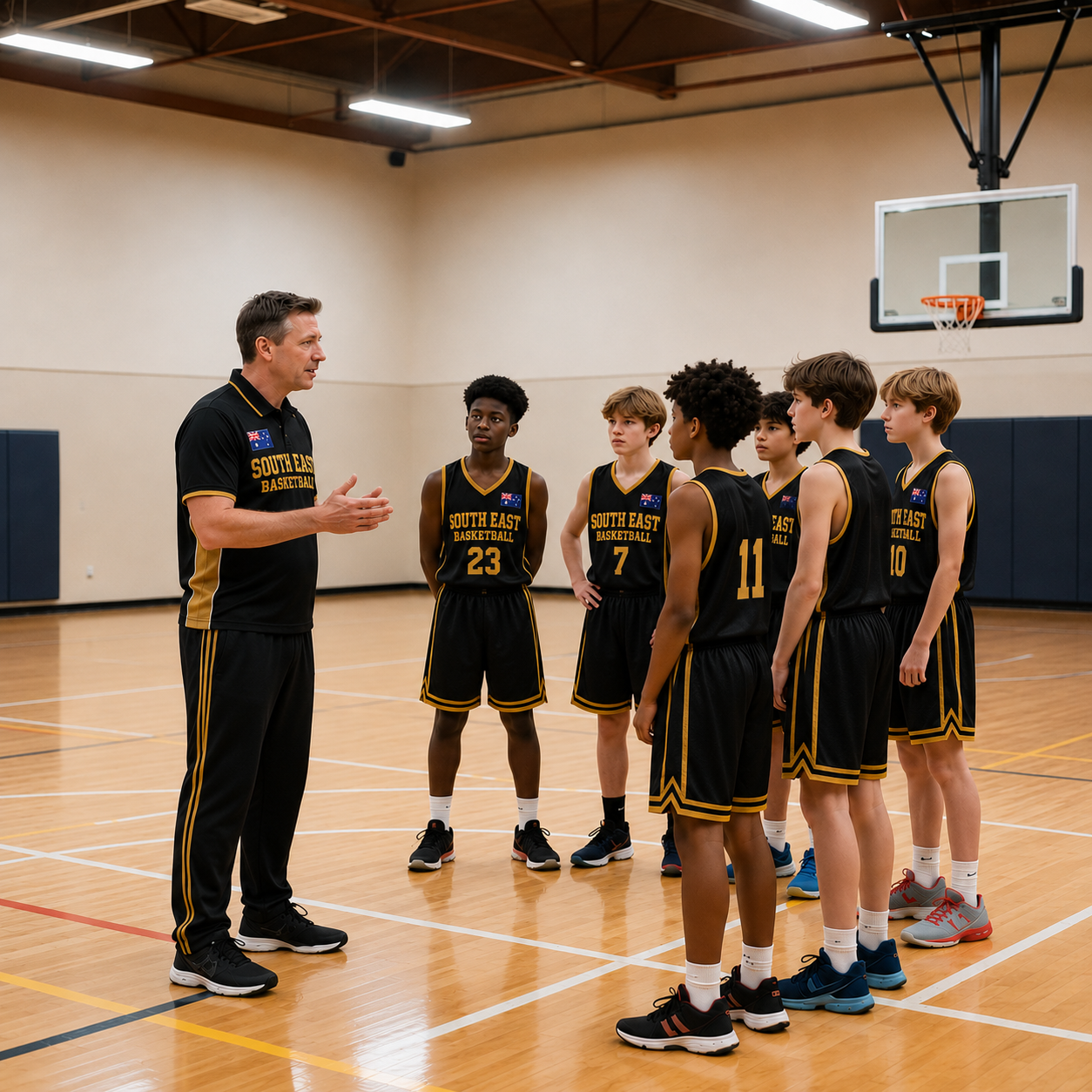 Basketball coach instructing five players during practice on a gym court