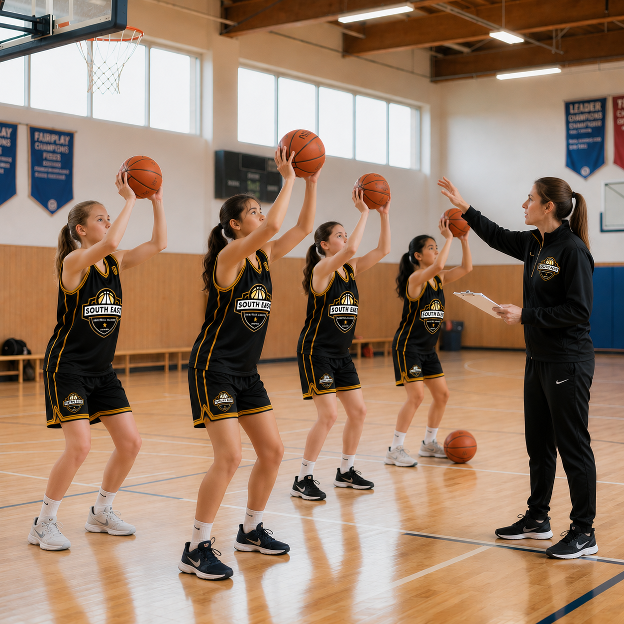 Basketball team practicing layups in a gym, with a coach demonstrating shots at the right side