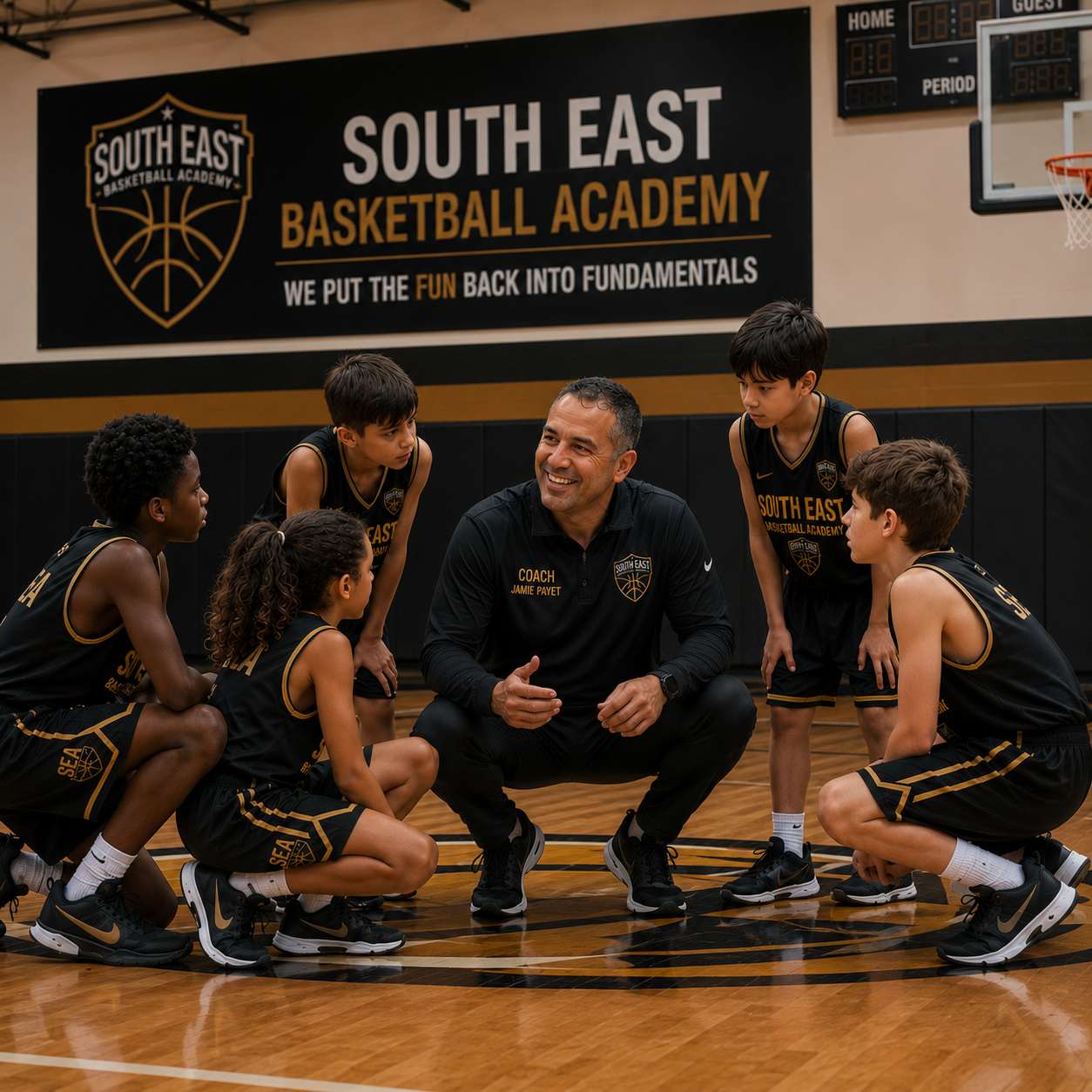 Basketball coach huddles with youth players on a gym court at South East Basketball Academy