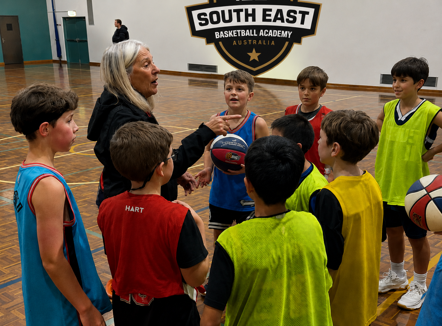 Youth basketball coach huddles with children in a gym during practice with a SOUTH EAST sign in back