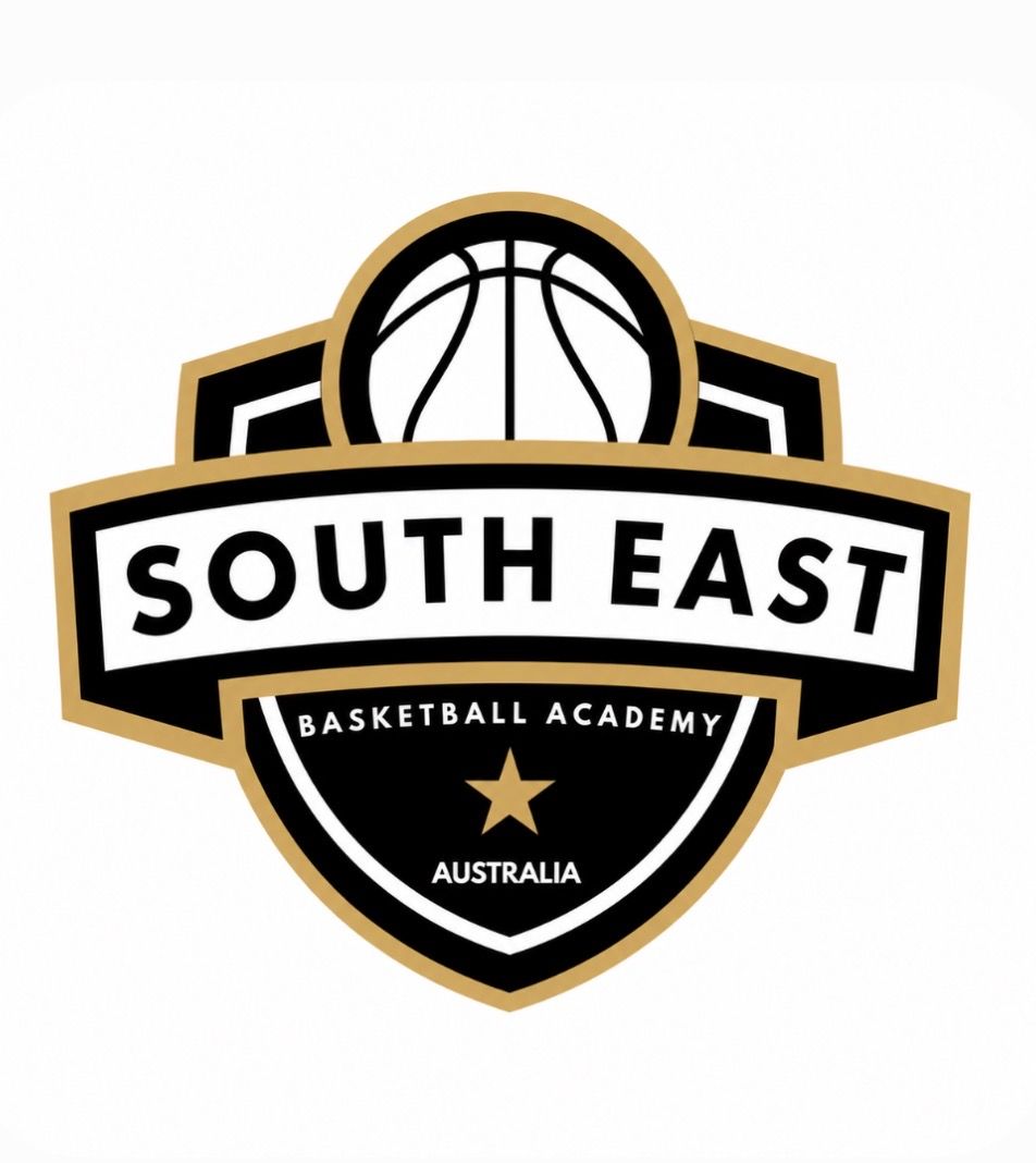 South East Basketball Academy logo with black, gold, and white shield and basketball emblem