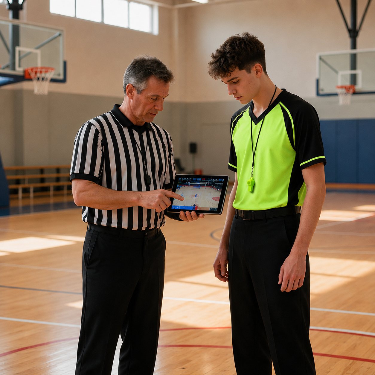 Referee showing a tablet to a basketball player in a gymnasium