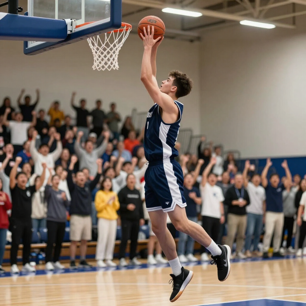 Basketball player in navy jersey jumping for a layup near the hoop, with cheering crowd in the background