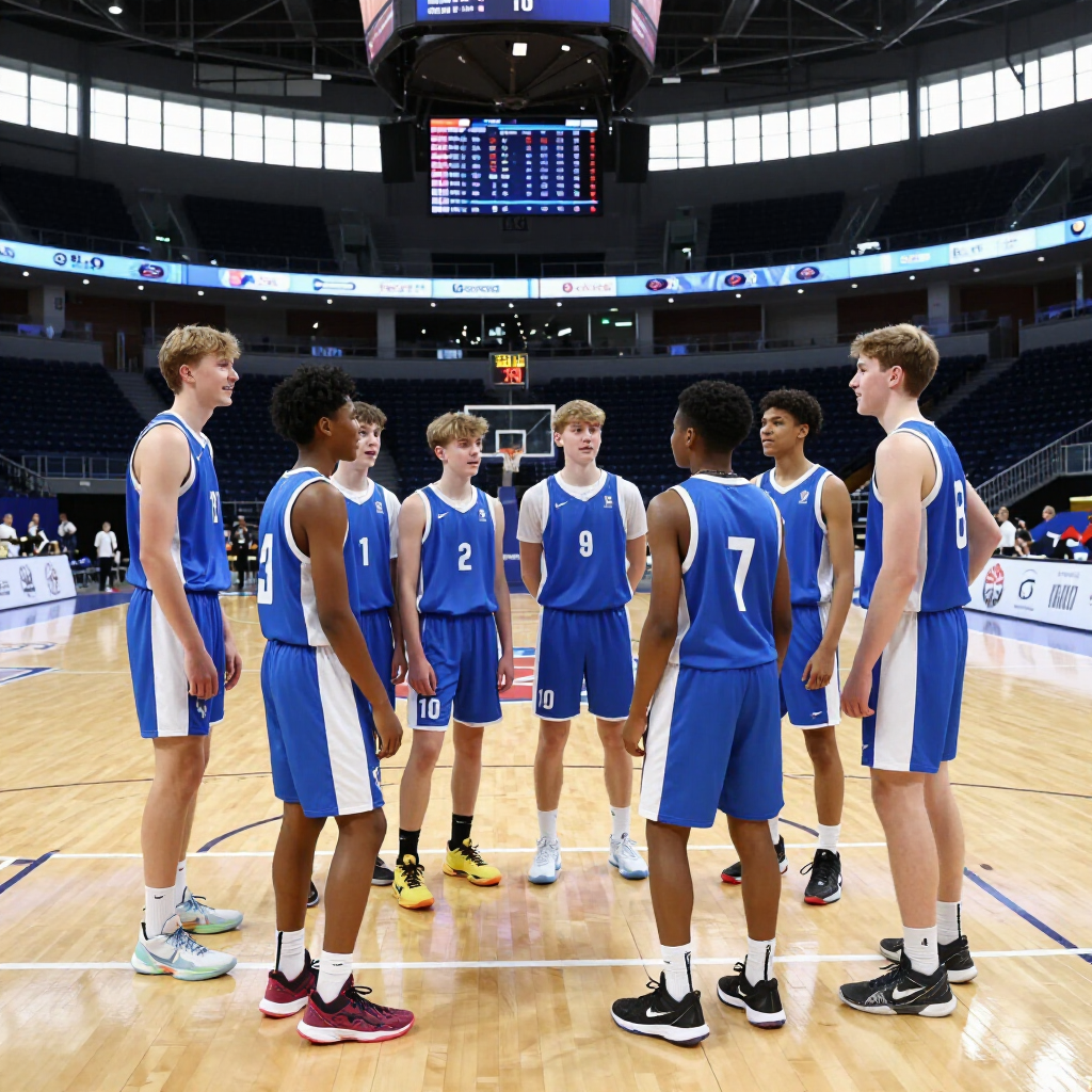 Basketball team huddled on court in blue uniforms inside an arena