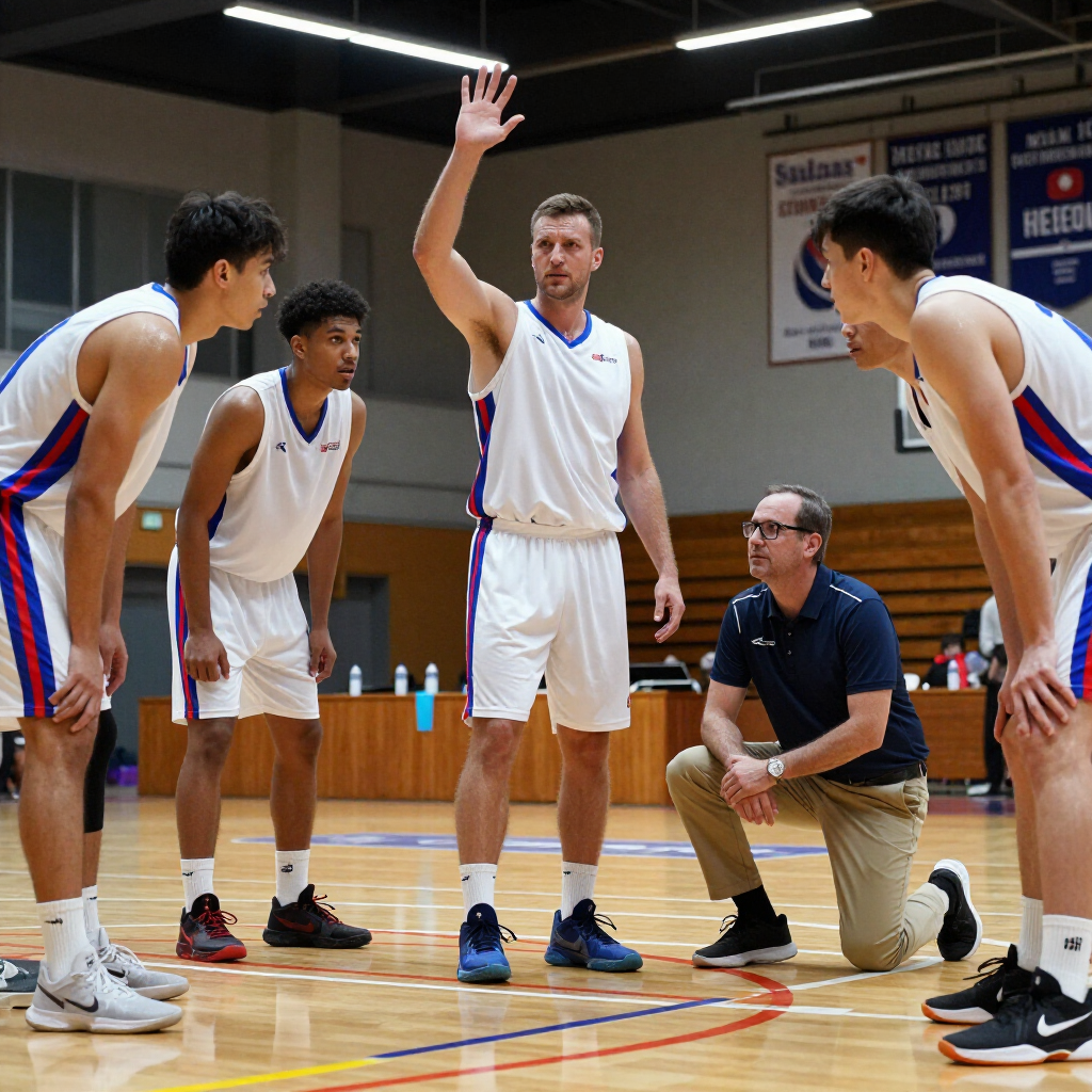 Basketball coach giving instructions to players during a timeout on an indoor court