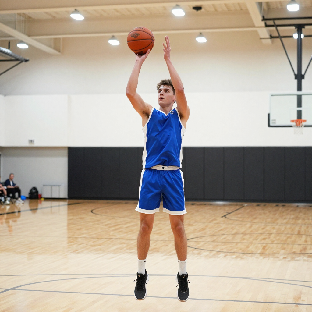 Basketball player in blue uniform shooting a jump shot in an indoor gym