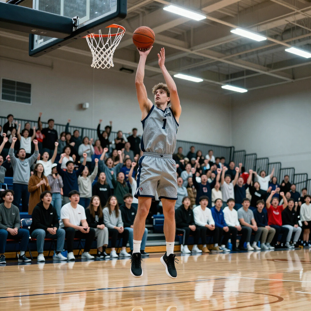 Basketball player in gray uniform jumping for a layup in a gym with a cheering crowd